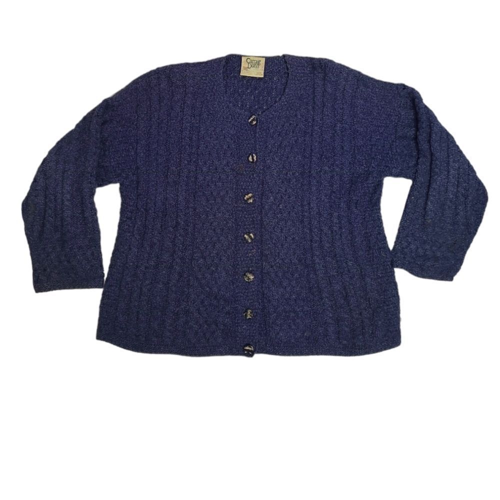 VINTAGE 80s blue Carraig Donn aran cable knit button up cardigan sweater L
